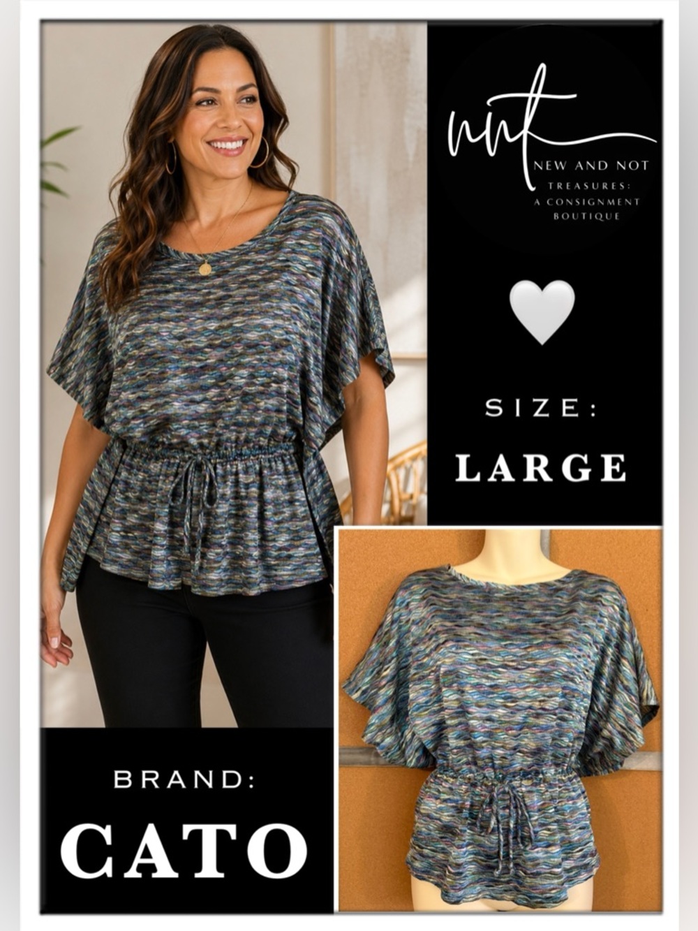 Cato Large Dolman Sleeve Top Blue Multicolor Drawstring Waist Stretch Knit Top